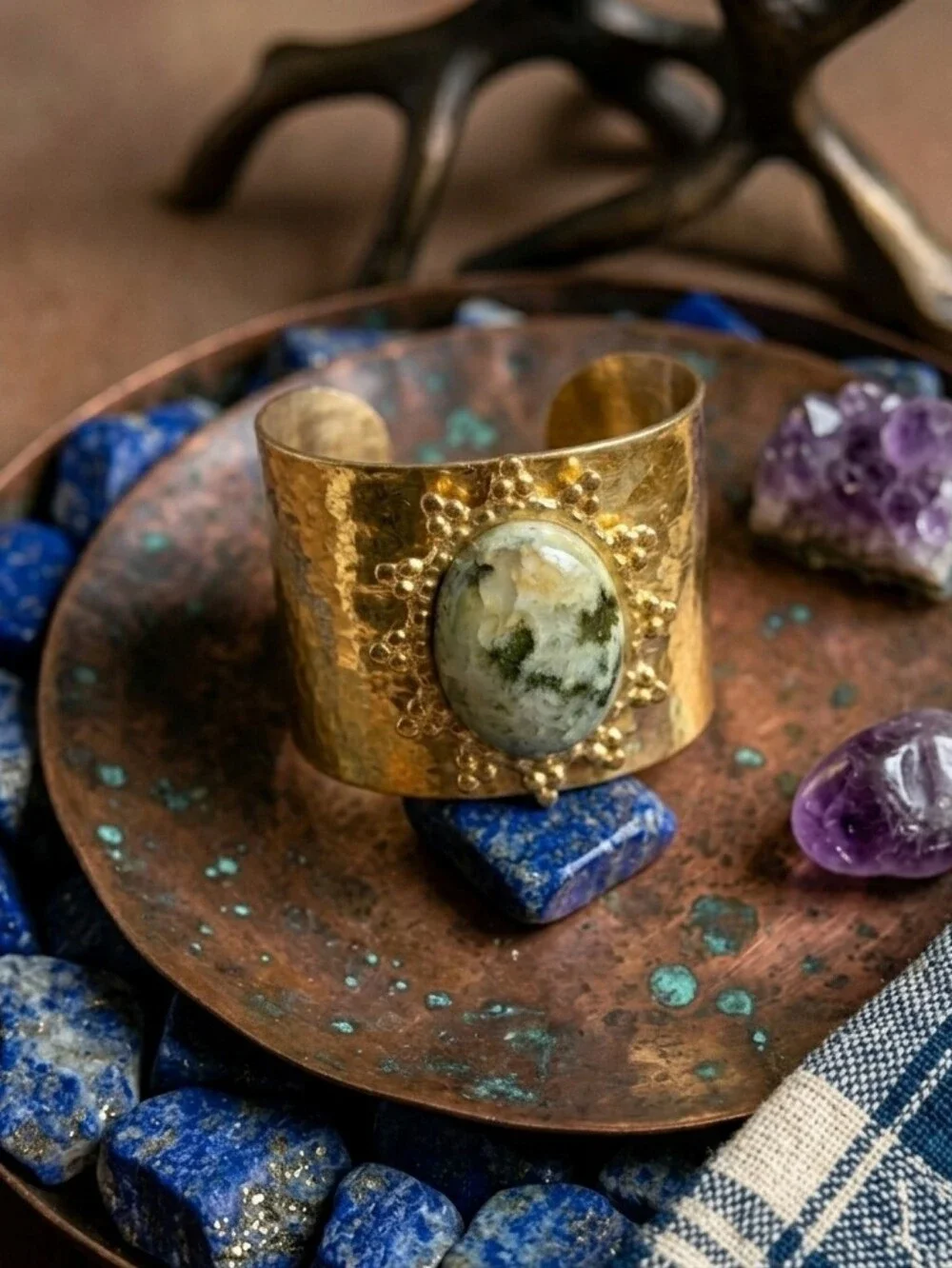 Moss Agate Wide Cigar Band Hammered 18K Gold Cuff Ring Old Money Boho Size 7-8